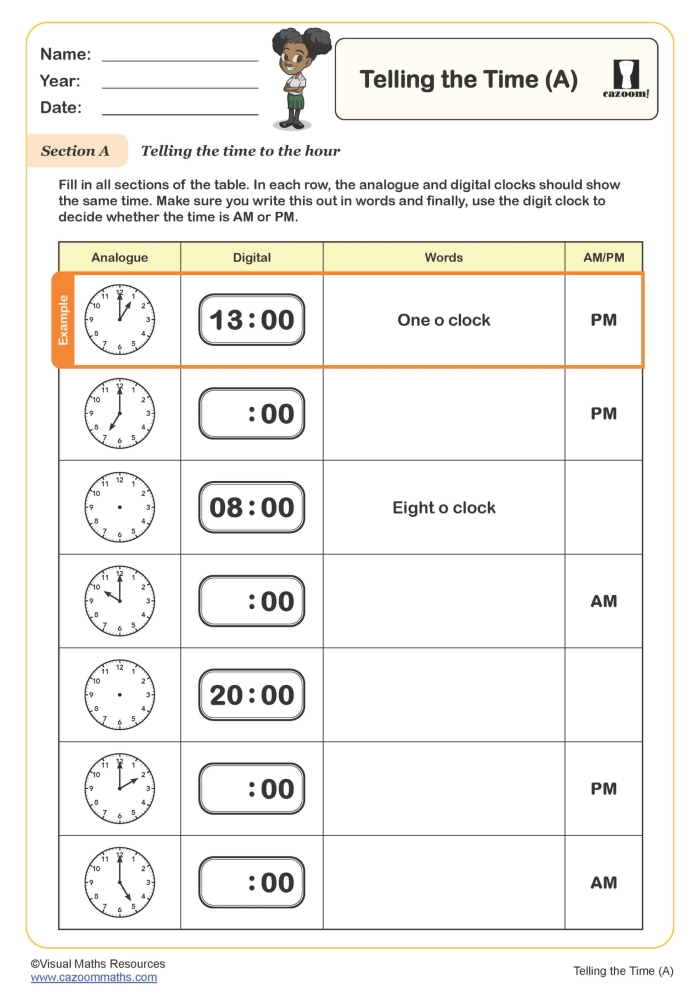 Second grade student practicing how to tell the time on analog clocks worksheet