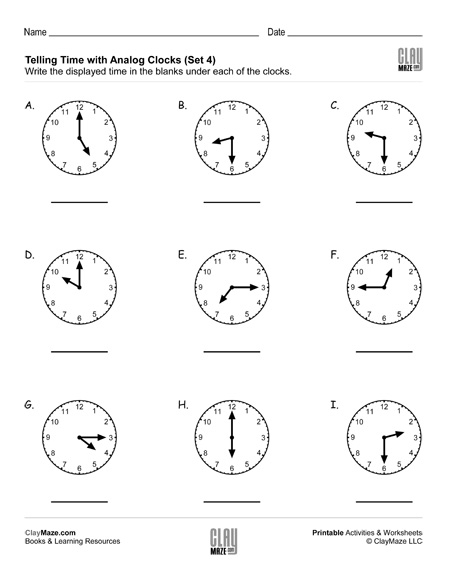 Worksheet for first graders to practice reading analog clocks and telling time