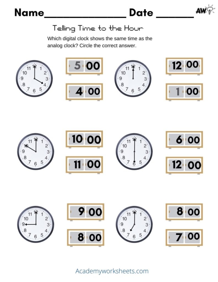 Time telling worksheet exercise 5 with clock faces for elementary learners Second grade student practicing telling time on analog clocks showing whole hours and half hours
