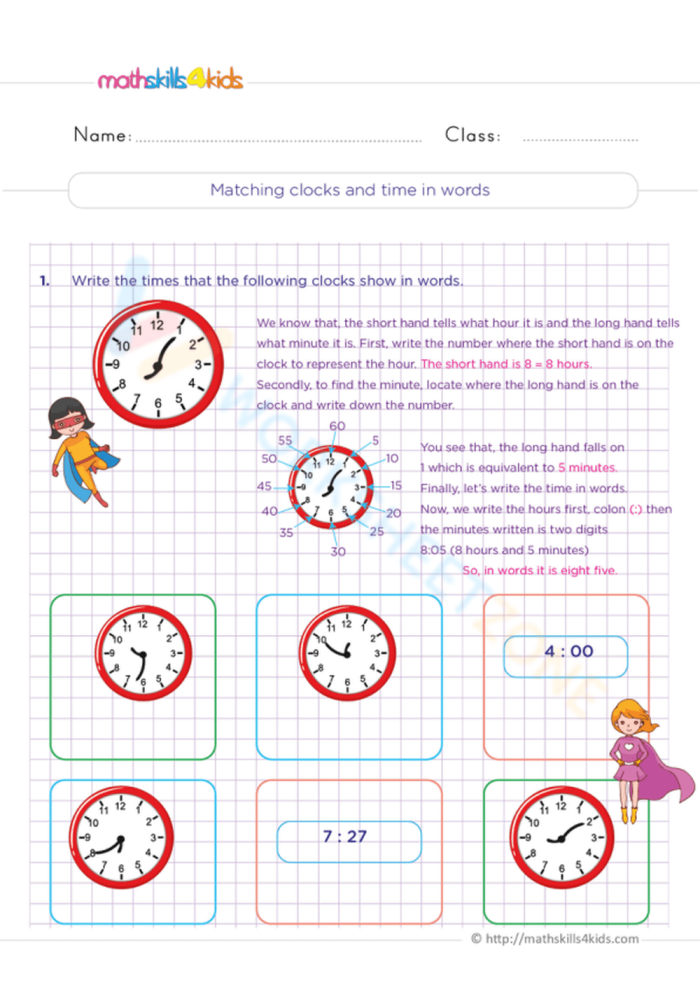 Second grade students matching analog clock faces to digital time displays on a worksheet for learning to tell time