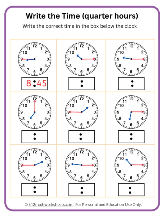 Worksheet for telling time using an analog clock for second graders