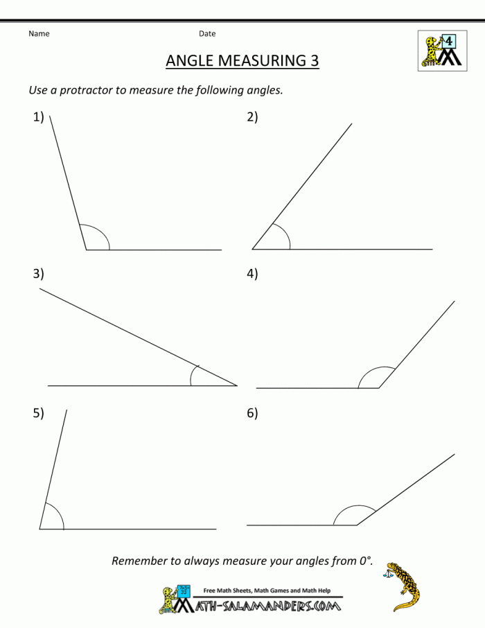 Fourth grade student using a protractor to measure and classify geometric angles on a worksheet