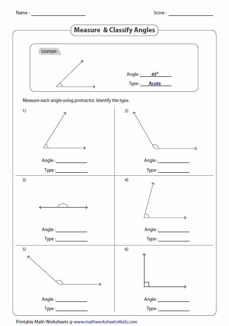 Fourth grade student using a protractor on a worksheet to measure and classify various geometric angles