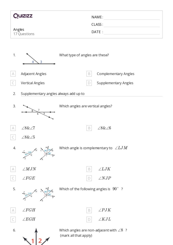 Seventh grade geometry worksheet featuring practice problems on complementary, supplementary, vertical, and adjacent angles