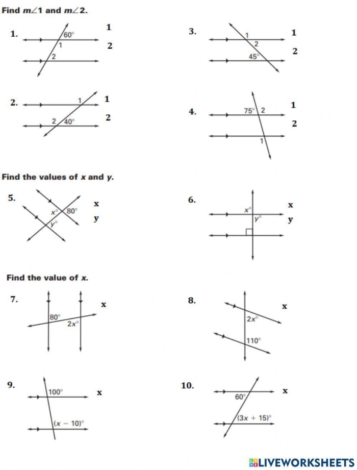 Transversals of Parallel Lines Angle Relationships Worksheet Number 20 Eighth grade geometry worksheet featuring diagrams of transversals intersecting parallel lines to practice angle relationships