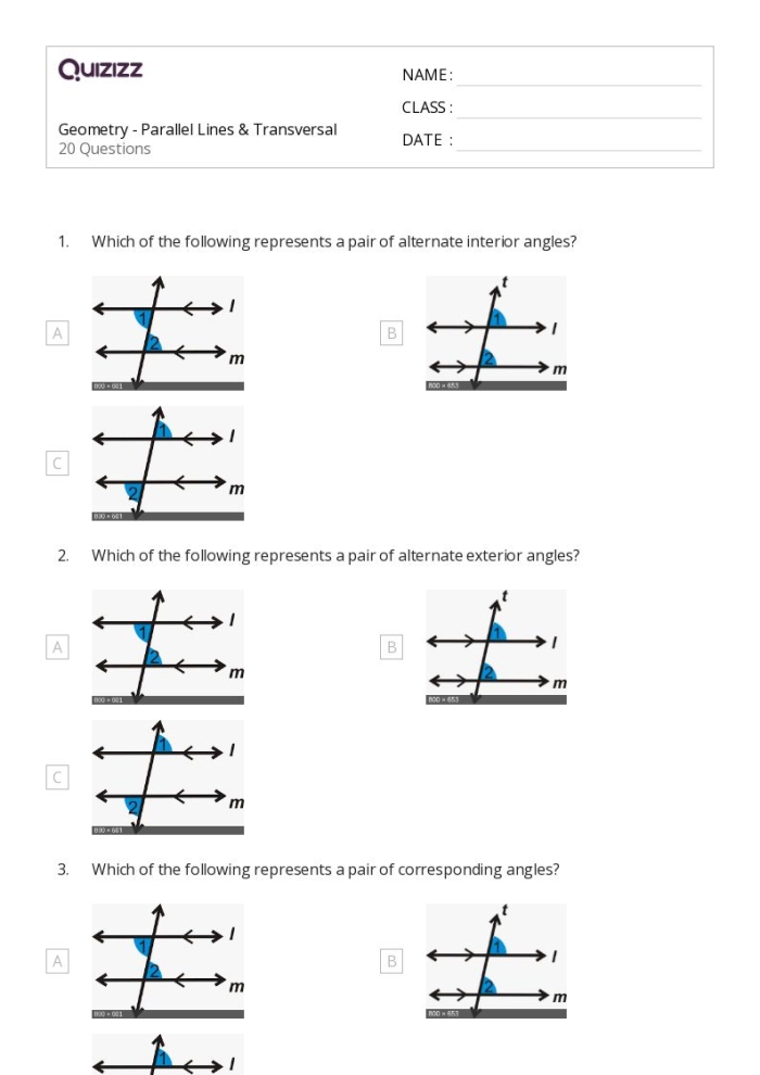 Parallel Lines Cut by a Transversal Angles Practice Problem 13 Eighth grade geometry worksheet showing parallel lines intersected by a transversal with labeled angles for identifying corresponding alternate and vertical angle relationships