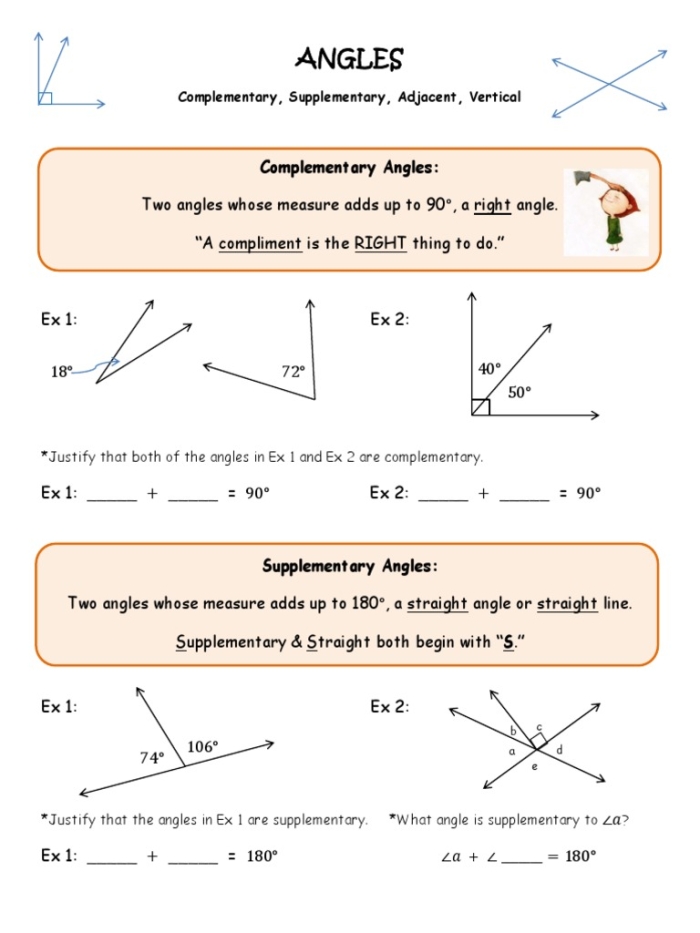 Worksheet for identifying complementary, supplementary, vertical, and adjacent angles for seventh graders