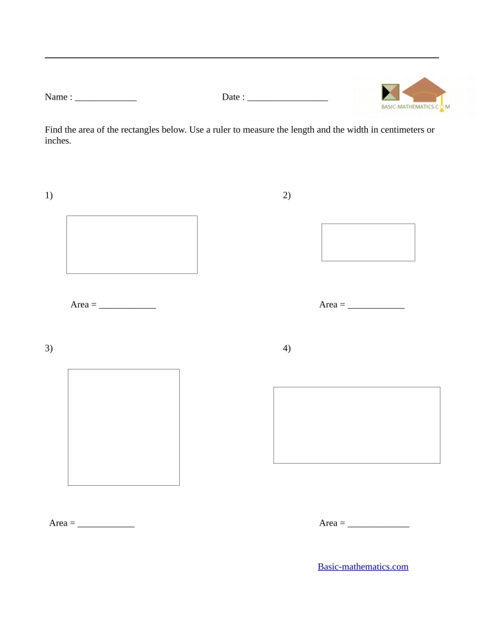 Area of Rectangular Rooms worksheet featuring rectangles to calculate area