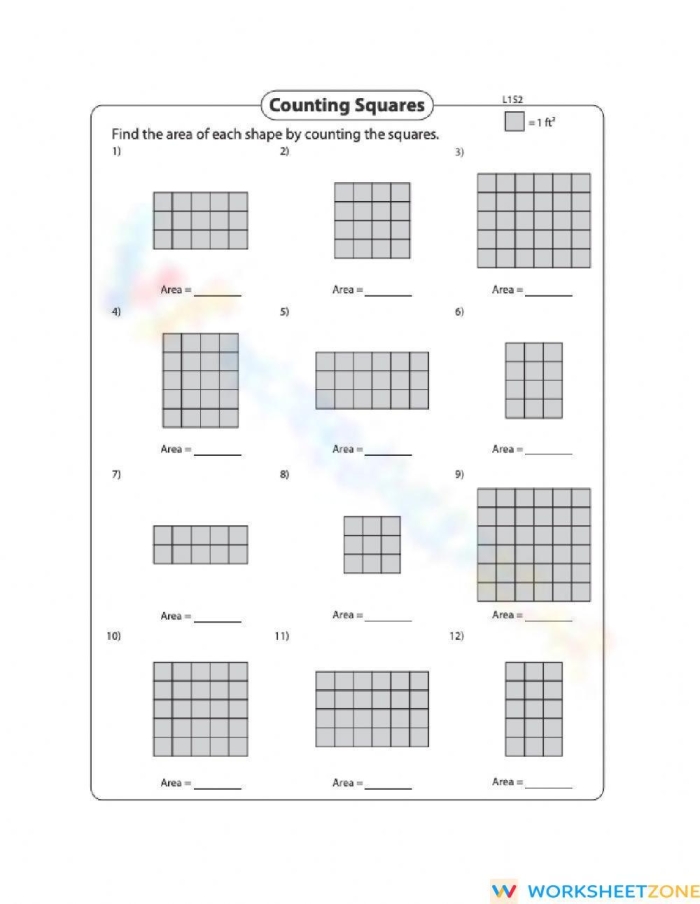 Third grade math worksheet for calculating area by counting unit squares inside various shapes