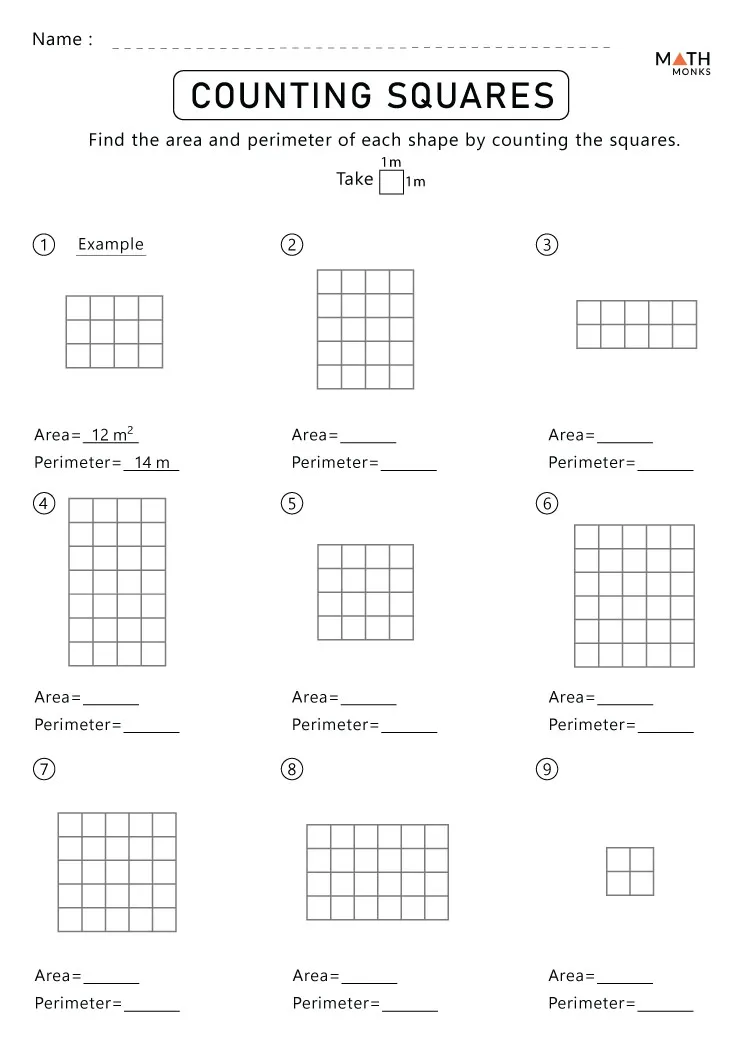 Worksheet showing students counting unit squares to find area in geometry