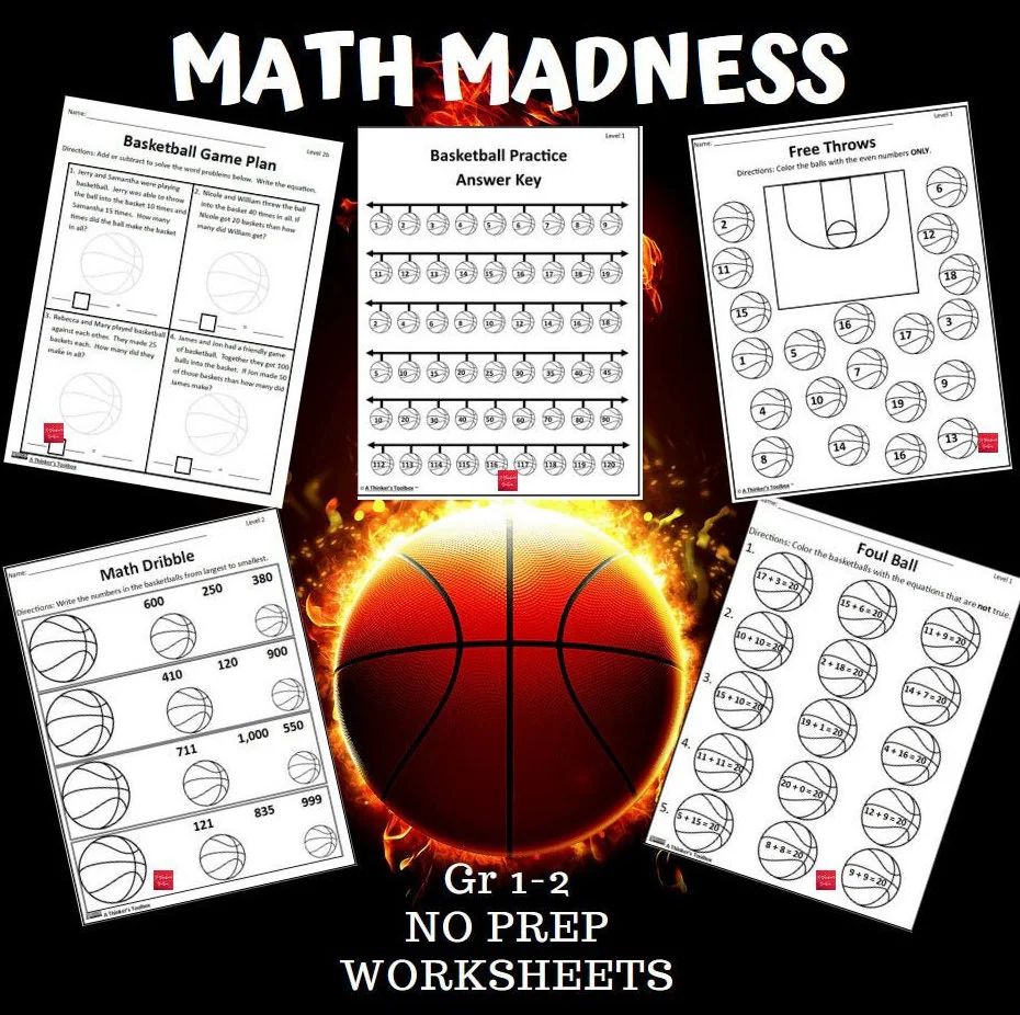 Third grade math worksheet showing basketball courts with different dimensions for calculating area in square units