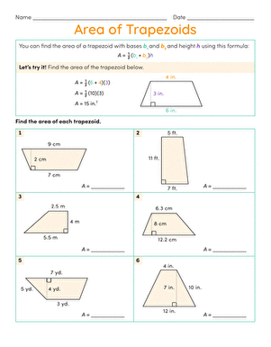 Sixth grade math worksheet featuring area of trapezoids practice problems with addition steps