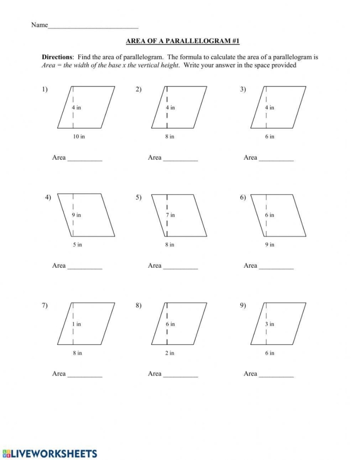 Sixth grade math worksheet for calculating the area of various parallelograms
