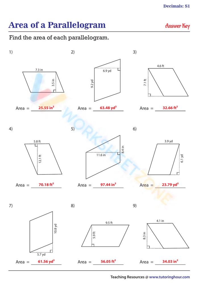 Sixth grade math worksheet for calculating the area of parallelograms using geometric formulas