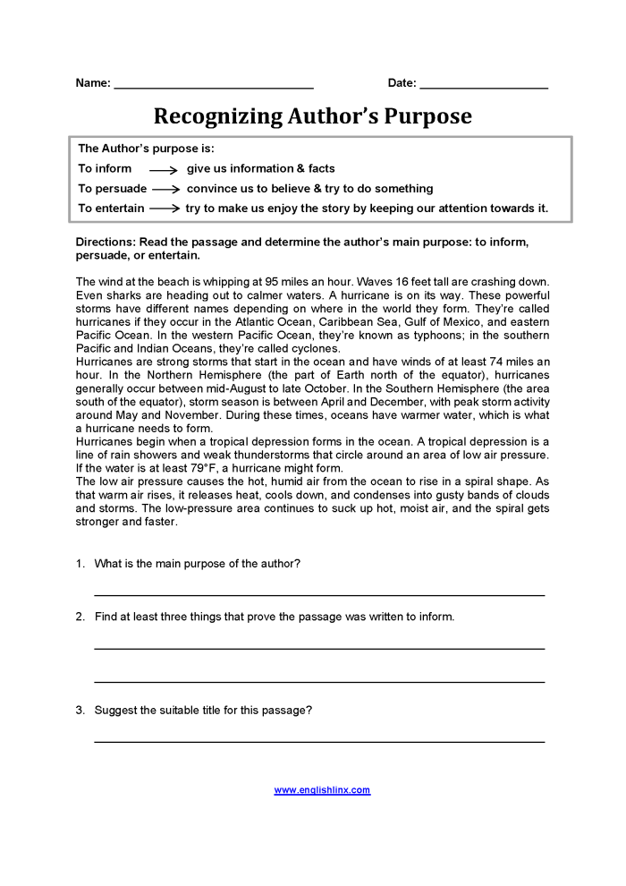 Fourth grade worksheet helping students identify whether an author is writing to persuade, inform, or entertain