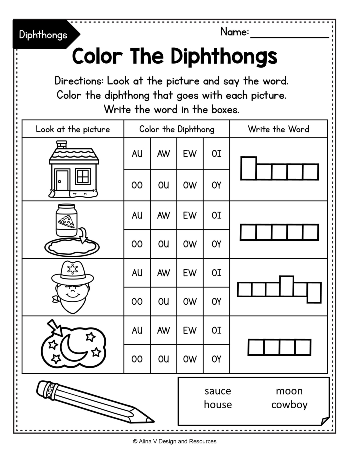 AW Vowel Diphthong Reading Worksheet for Grade 1 Students 19 First grade student practicing reading and spelling words with the AW vowel diphthong on a worksheet