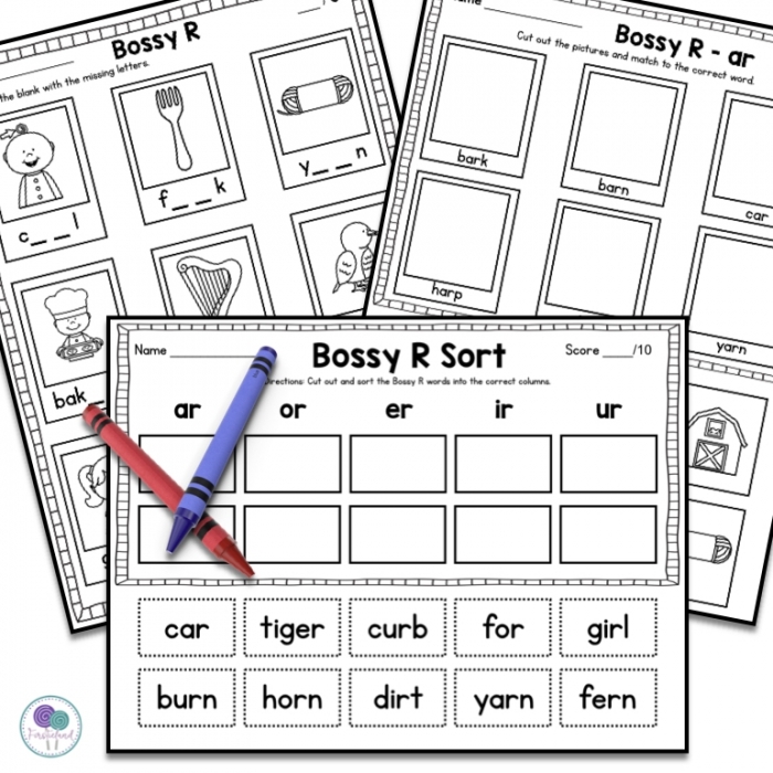 Missing Bossy R Sounds Spelling Practice Activity for Elementary Students Second grade worksheet showing missing bossy R sound words for students to complete and practice r-controlled vowels