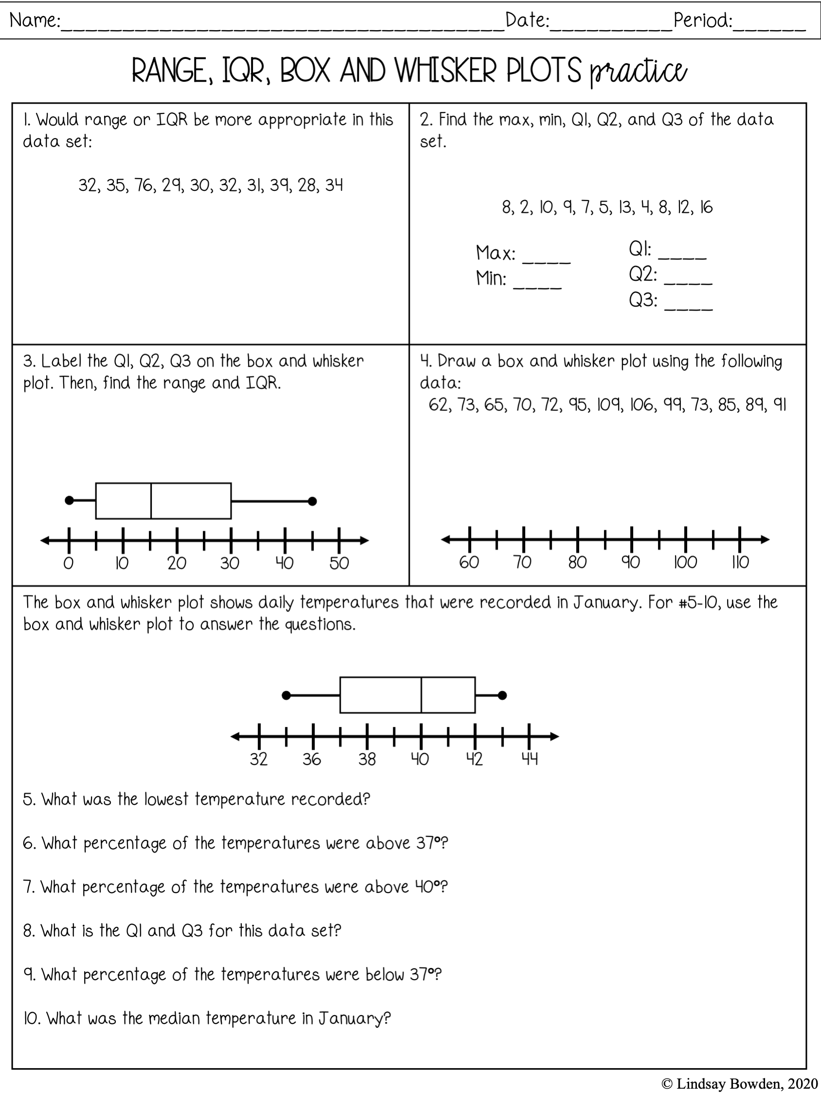 Sixth grade math worksheet showing a completed box and whisker plot with a five-number summary