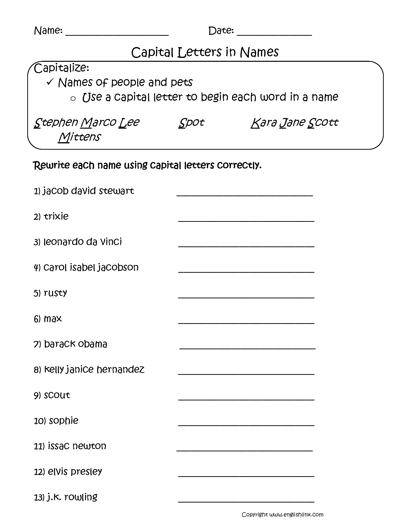 First grade geometry themed worksheet focused on practicing capitalization and sentence structure