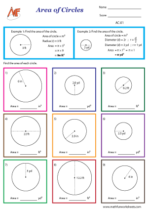 Area of Circles worksheet for seventh-grade students focusing on decimals