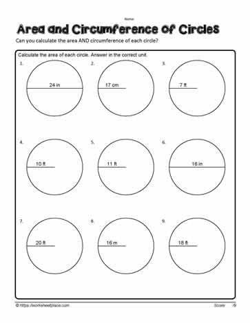 Seventh grade geometry worksheet featuring circle area problems with decimal measurements
