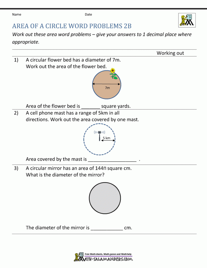 Worksheet highlighting the process of calculating the area of circles for seventh-grade students