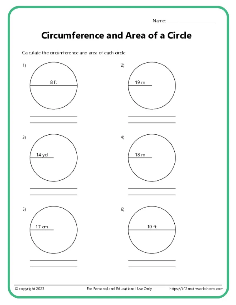 Seventh-grade math worksheet on the circumference of circles for students to practice