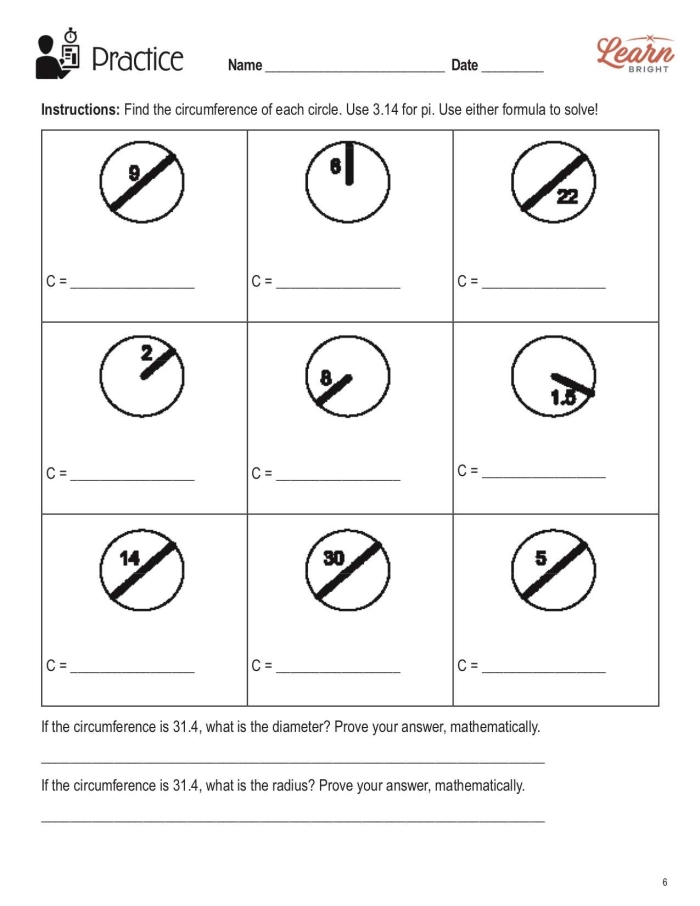 Seventh grade math worksheet featuring practice problems on the circumference of circles
