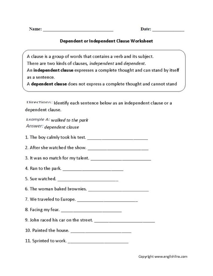 Seventh-grade worksheet featuring sentences for identifying dependent and independent clauses