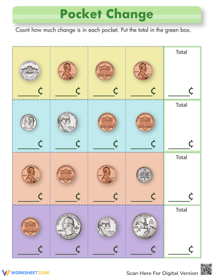 Kindergarten student counting coins and adding pennies, nickels, and dimes together on a math worksheet