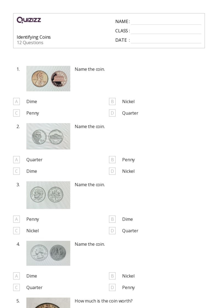 Second grade students practicing coin identification skills on a math worksheet