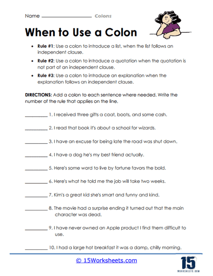 Colon Usage worksheet for seventh graders focusing on punctuation practice