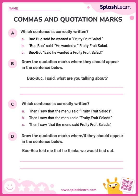 Fourth grade worksheet showing a student practicing comma placement rules and grammar exercises