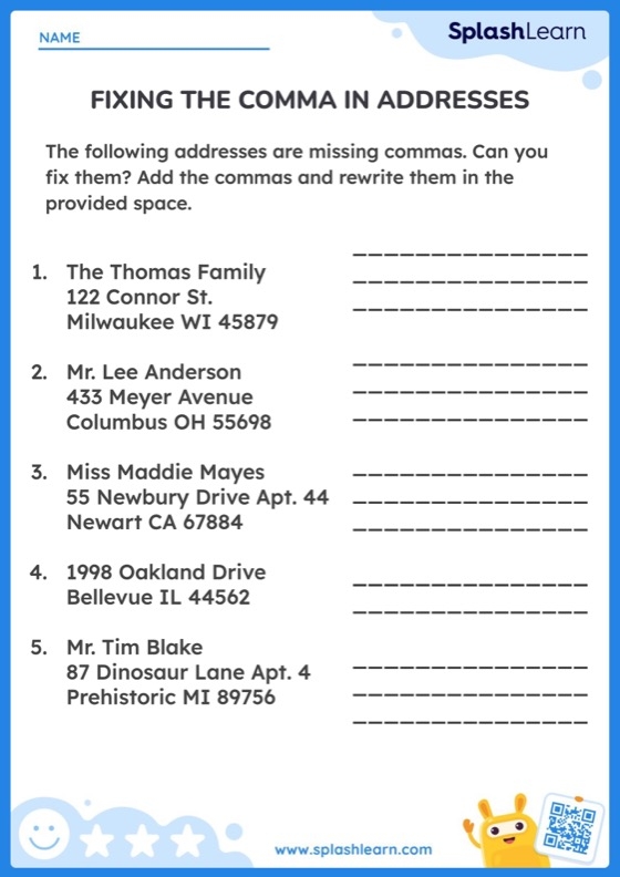 Perfect Punctuation Commas in Dates and Addresses Worksheet 4 Third grade worksheet showing examples of how to place commas correctly in dates and addresses