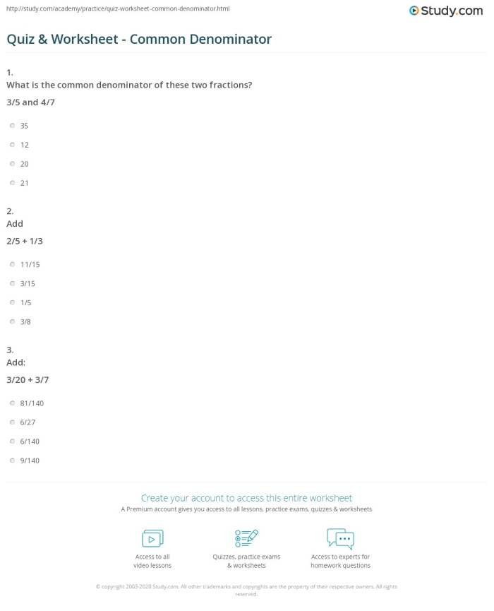Fifth grade math worksheet featuring two distinct methods for finding common denominators
