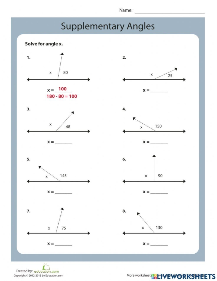 Seventh grade math worksheet featuring geometry practice problems for complementary and supplementary angles