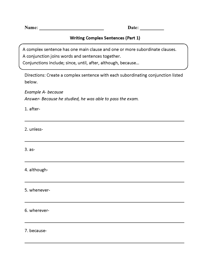 Third grade grammar worksheet focused on building complex sentences with independent and dependent clauses
