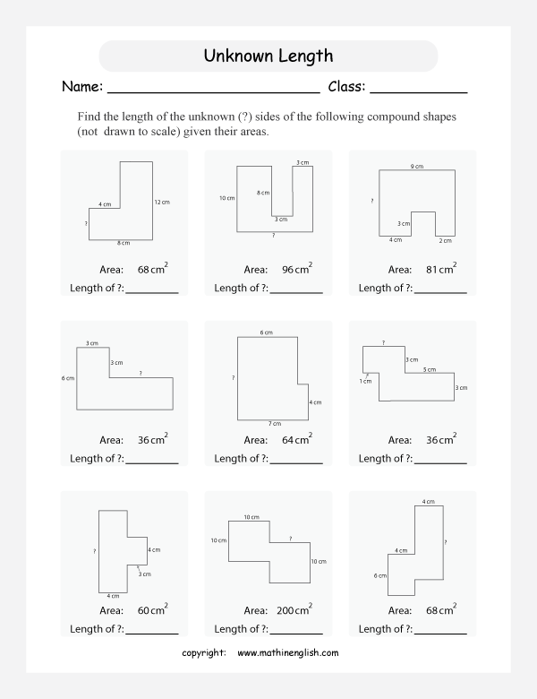 Worksheet featuring sixth graders calculating the area of compound figures