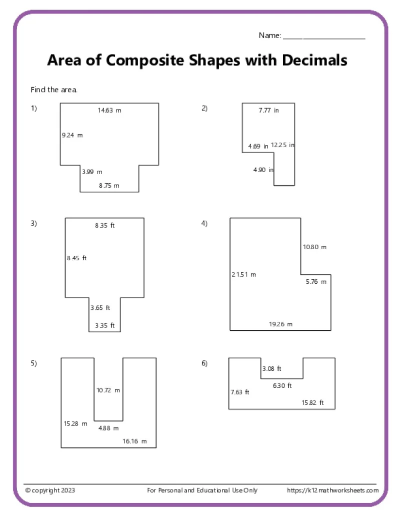 Sixth grade math worksheet showing geometric shapes to practice calculating the area of compound figures