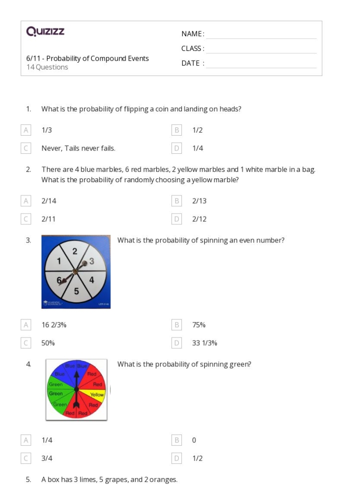 Image title: Probabilities of Compound Events Worksheet Example 6 with Tree Diagram Solutions ALT text: Seventh grade students solving compound probability problems using tree diagrams and organized lists for real-world scenarios