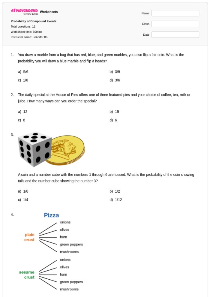 Probabilities of Compound Events Worksheet 21 for Seventh Grade Math Students Seventh grade math worksheet featuring probability problems for compound events with tree diagrams and tables