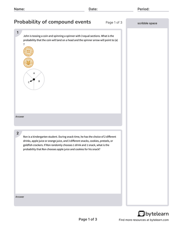 Image title: Probabilities of Compound Events Worksheet 23 - Finding Probability Using Tables and Diagrams ALT text: Seventh grade math worksheet showing compound probability problems with tree diagrams and organized lists for real-world scenarios