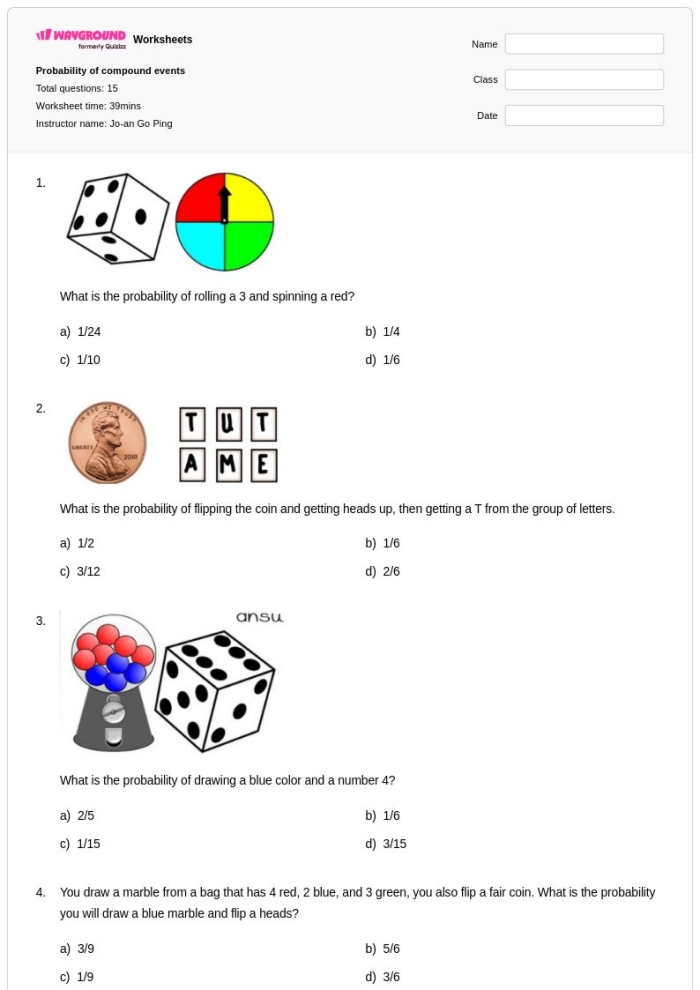 Probabilities of Compound Events Worksheet Page 7 Seventh grade math worksheet featuring problems on calculating the probability of compound events