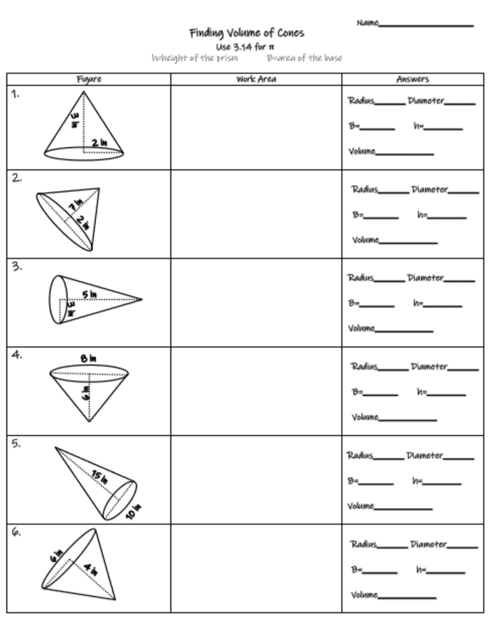 Eighth grade geometry worksheet showing cone volume problems and formulas with practice exercises