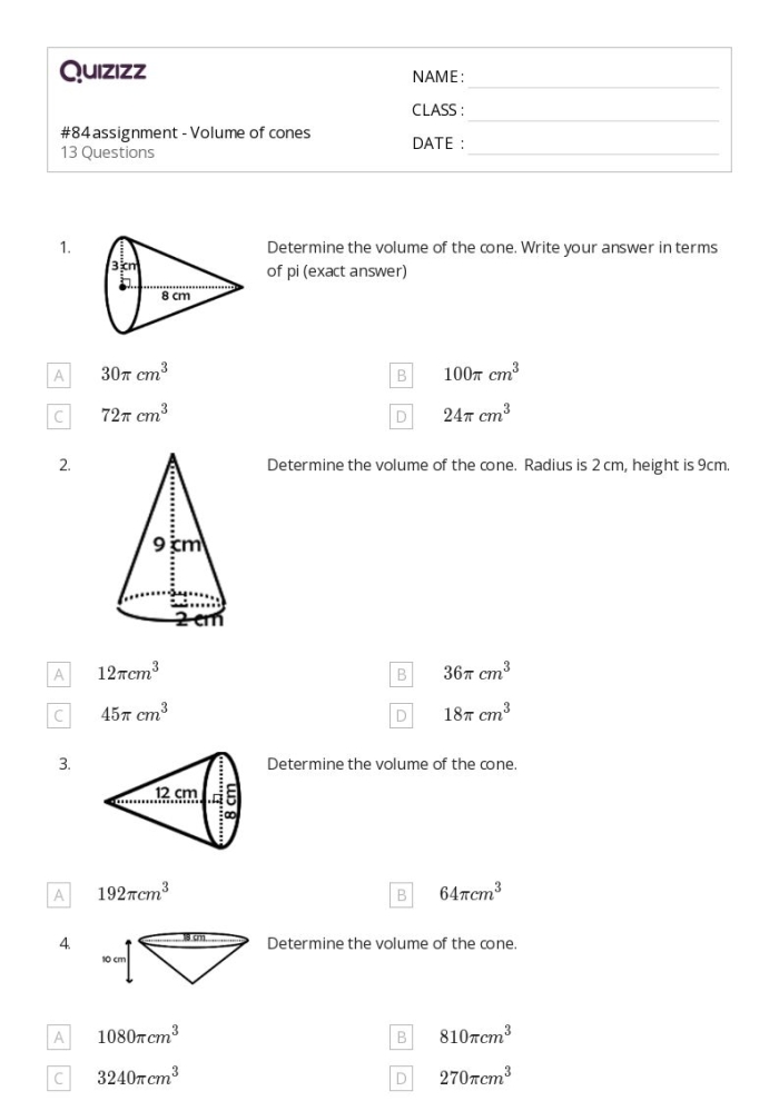Eighth grade geometry worksheet showing cone volume problems with formulas and practice questions
