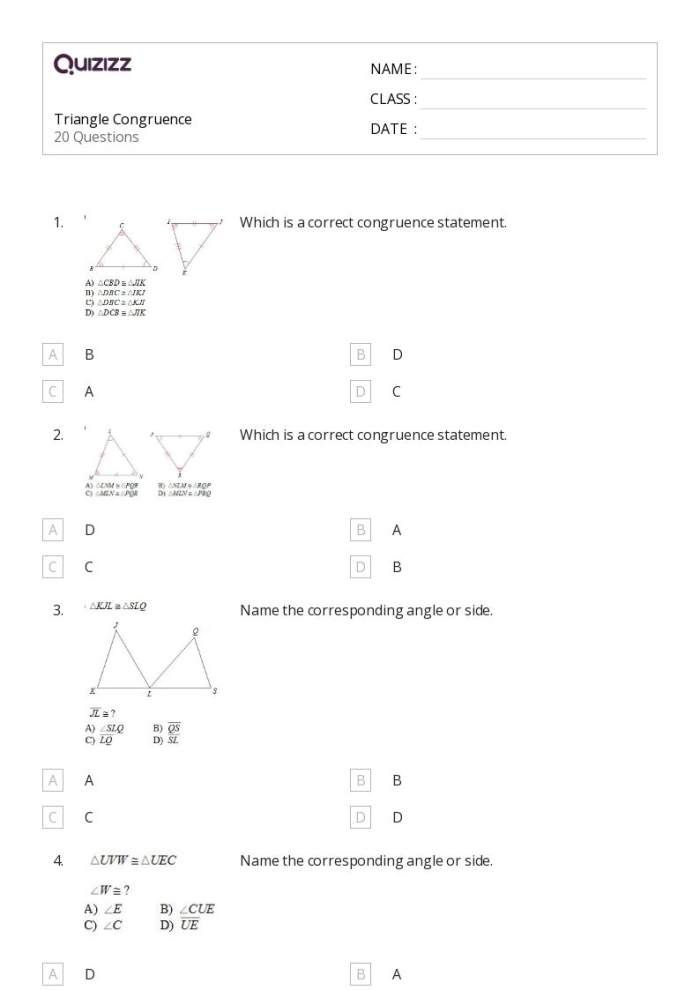 Sequences of Congruence Transformations Practice Worksheet Number 6 Eighth grade geometry worksheet featuring various geometric figures undergoing sequences of congruence transformations