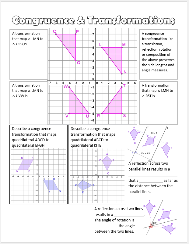 Sequences of Congruence Transformations Worksheet Problem 14 for Geometry Class Eighth grade student practicing sequences of congruence transformations on geometric figures with translations rotations and reflections