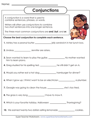 Third grade student completing a worksheet on linking sentences with commas and conjunctions