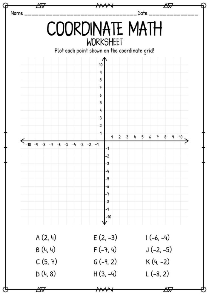 Fifth grade student plotting points and moving shapes on a coordinate grid worksheet for math practice