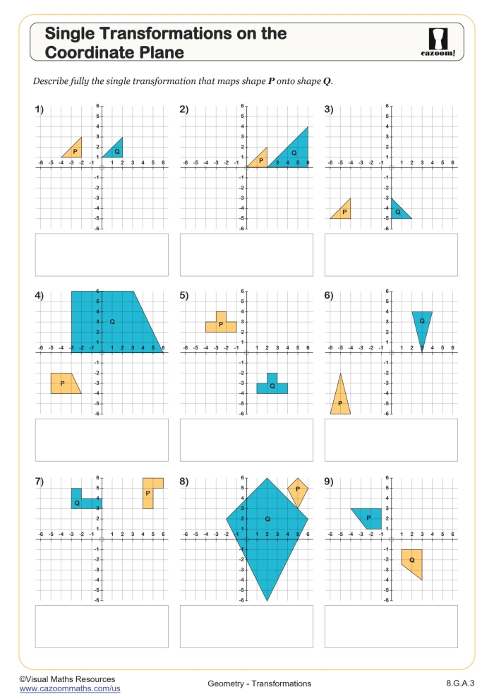 Eighth grade math student graphing geometric shapes after performing coordinate plane translations